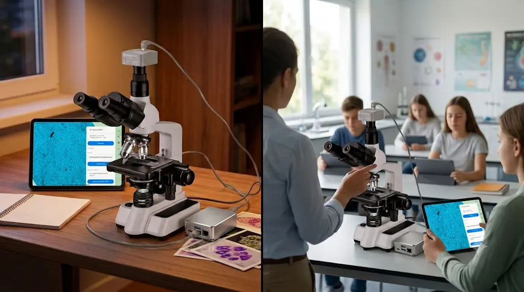 microbeVision microscope station: microscope connected to a tablet with the analysis interface and its use in the classroom